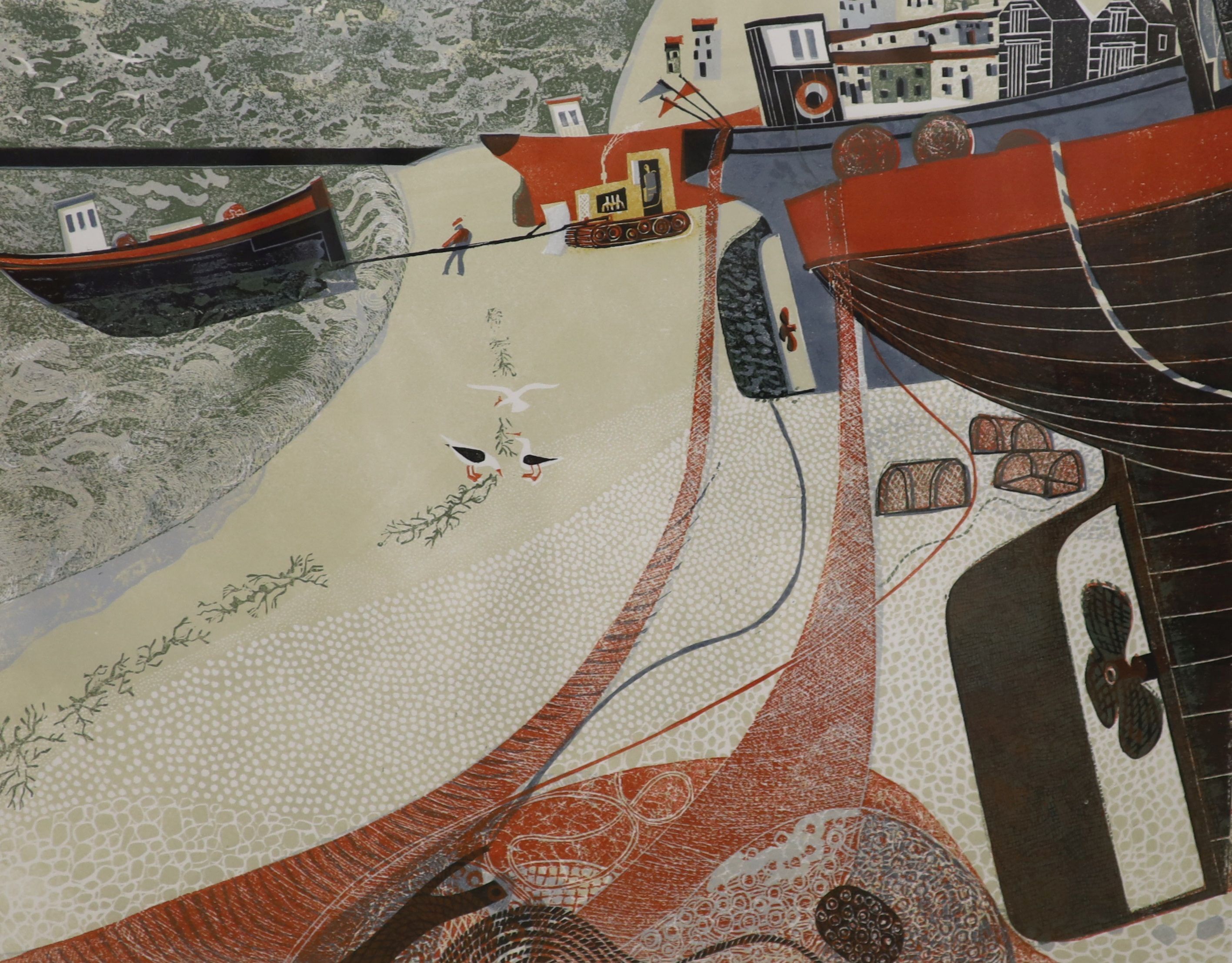 Melvyn Evans (British Contemporary), linocut, 'Fishing Boats on Hastings Beach', 40 x 50cm